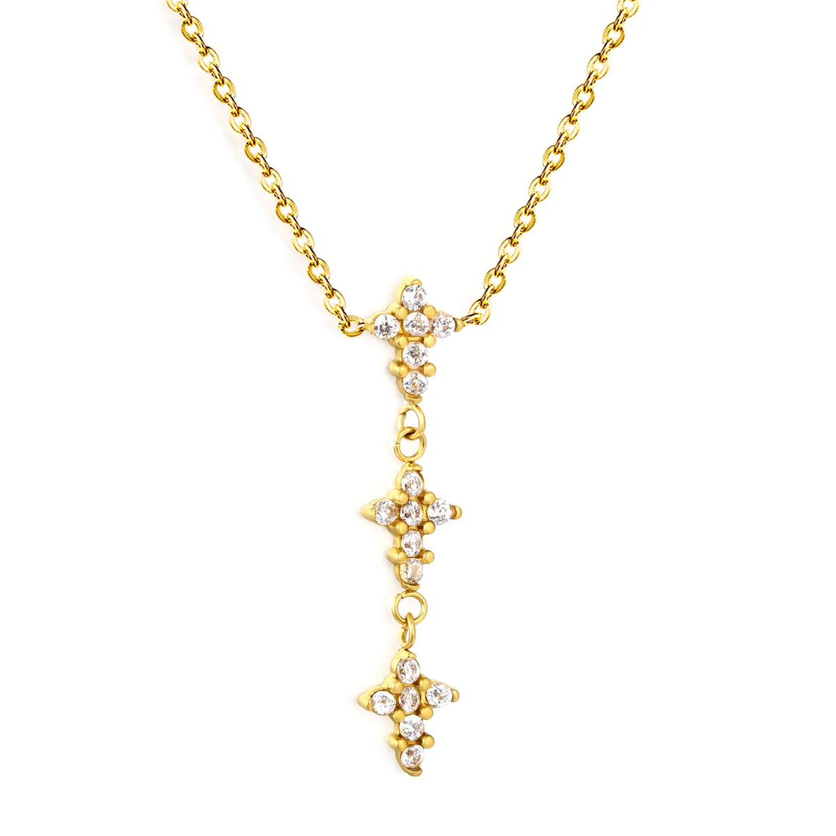 Vertical Cross Paved CZ Pendant Rolo Chain Necklace | Dainty Drop Cross Design | Wholesale MOQ 12