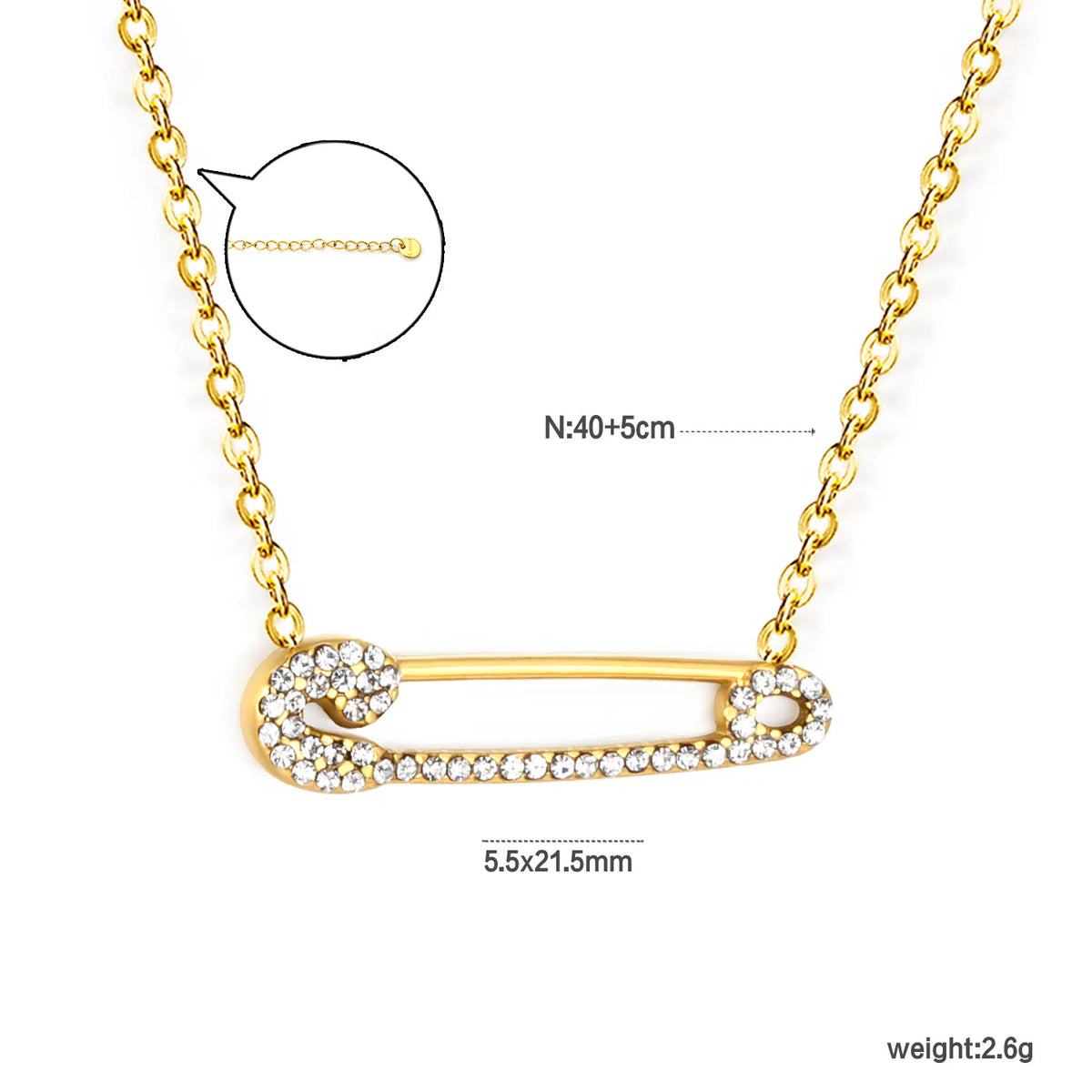Paved CZ Safety Pin Charm Rolo Chain  Statement Necklace | 18K Gold Plated |  MOQ 12