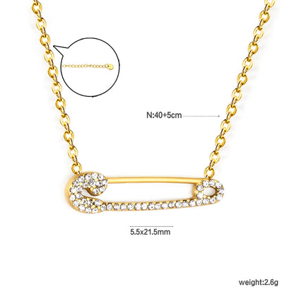 Paved CZ Safety Pin Charm Rolo Chain  Statement Necklace | 18K Gold Plated |  MOQ 12