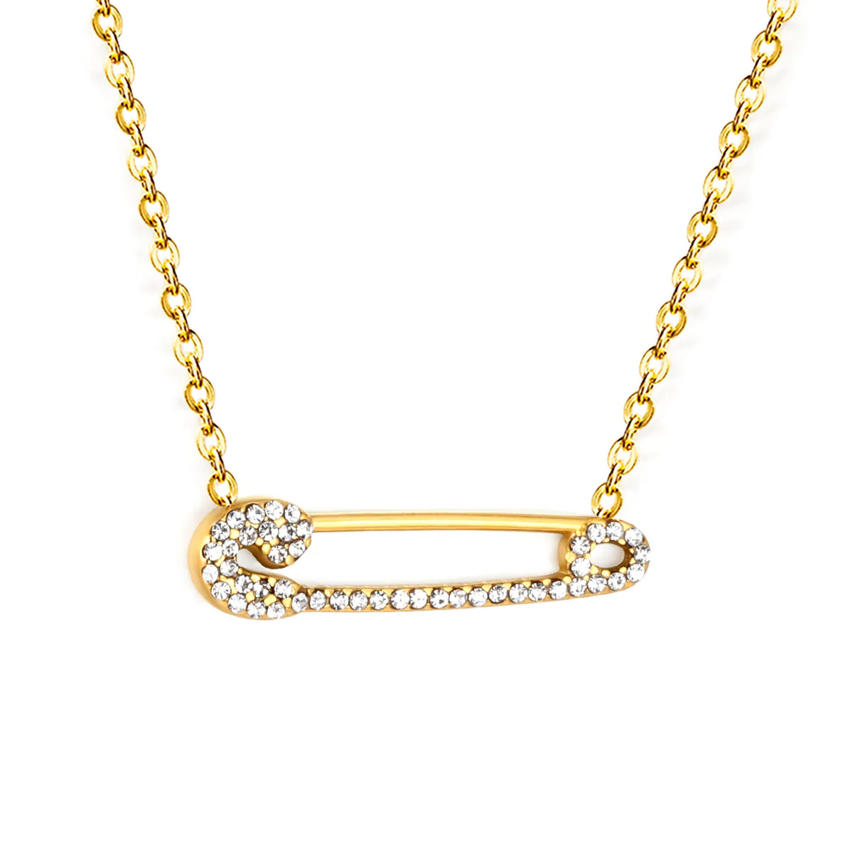 Paved CZ Safety Pin Charm Rolo Chain  Statement Necklace | 18K Gold Plated |  MOQ 12