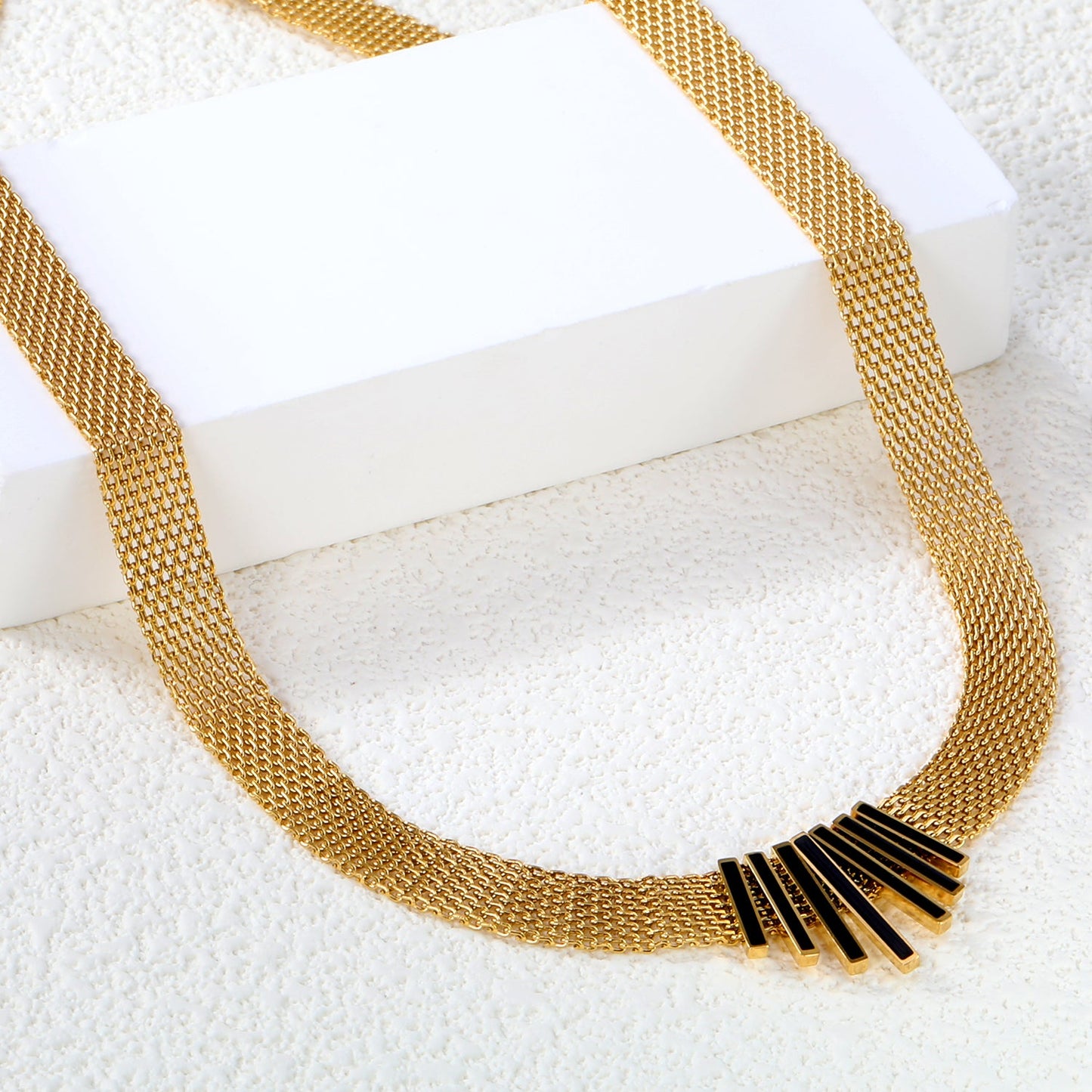 22*18mm black oil drop/golden long and short vertical bar accessories 8mm mesh chain necklace 40+5cm+6mm round plaque gold color