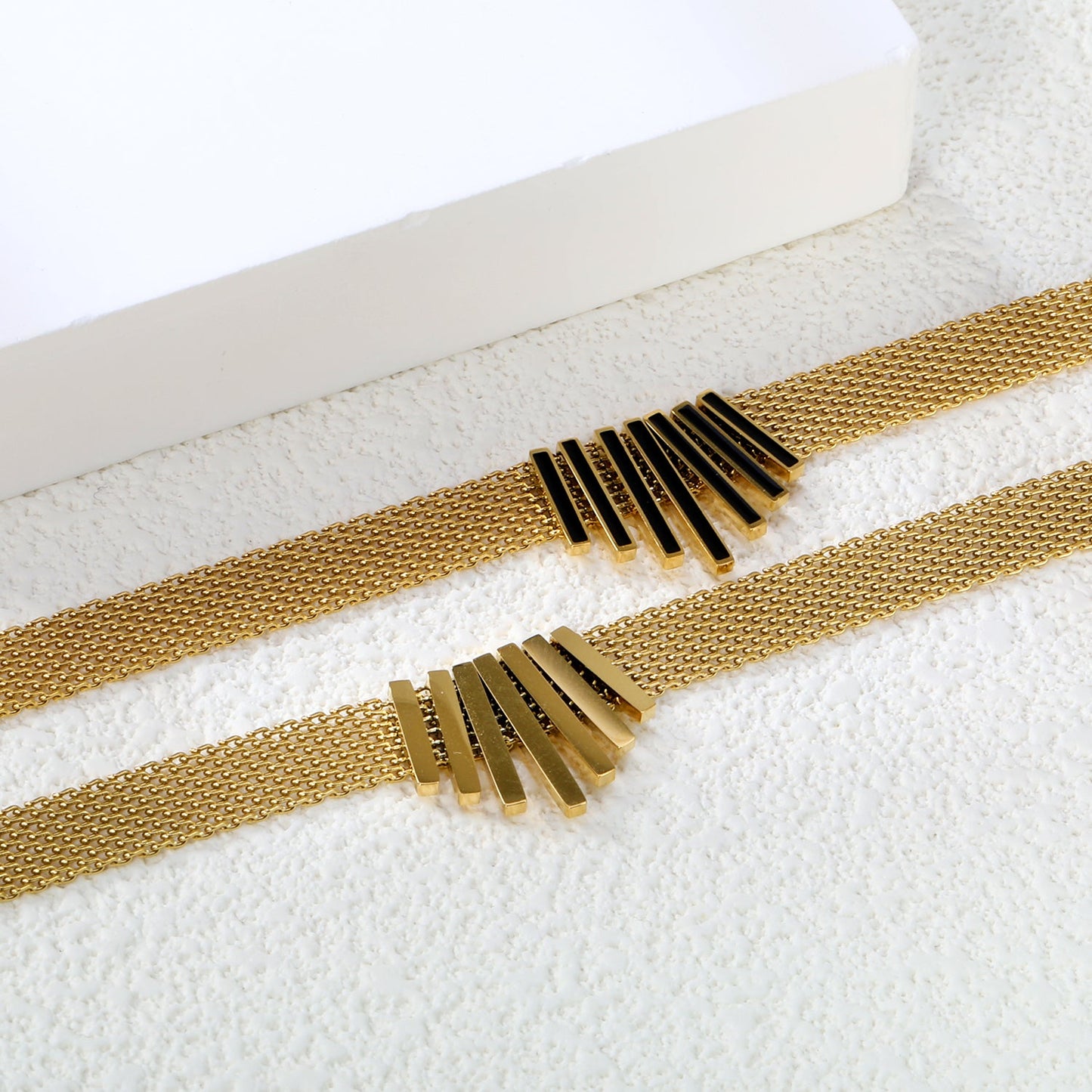 22*18mm black oil drop/golden long and short vertical bar accessories 8mm mesh chain necklace 40+5cm+6mm round plaque gold color