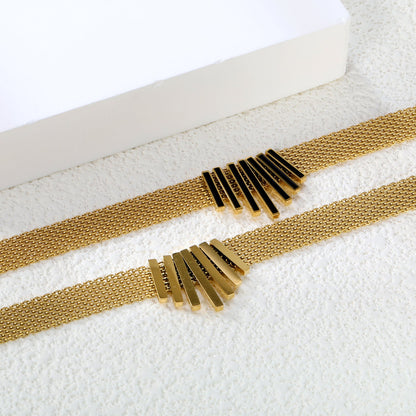 22*18mm black oil drop/golden long and short vertical bar accessories 8mm mesh chain necklace 40+5cm+6mm round plaque gold color