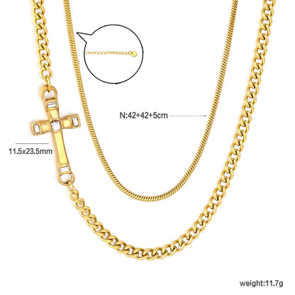 Double Layer Cross Curb & Snake Chain Necklace with Baguette Crystal Cross Pendant