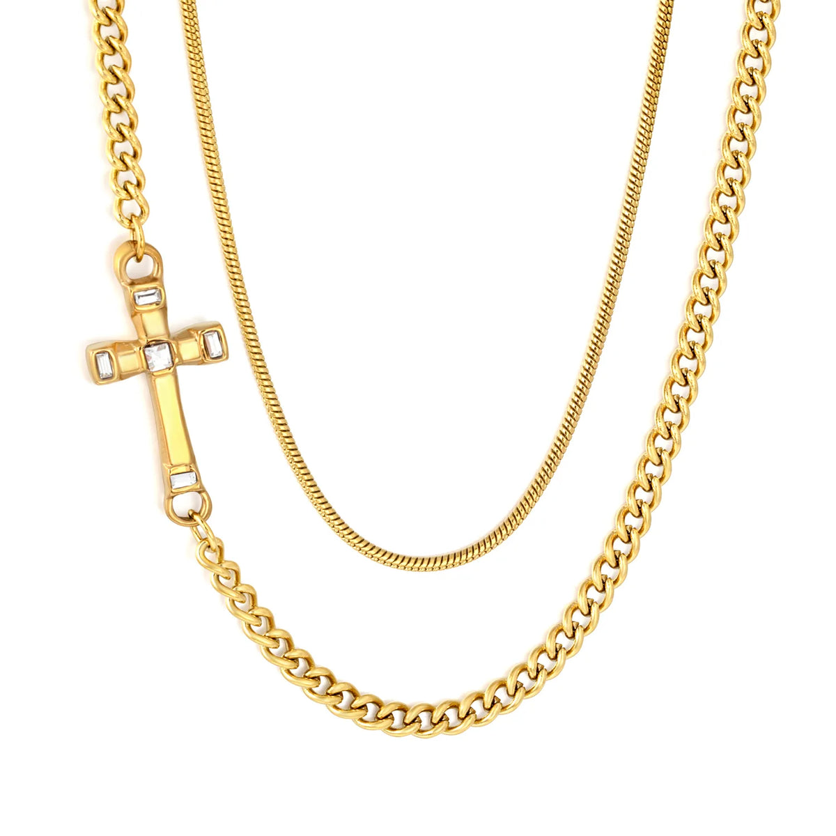 Double Layer Cross Curb & Snake Chain Necklace with Baguette Crystal Cross Pendant