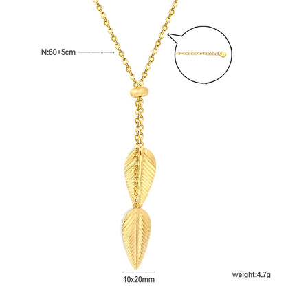 Double Textured Feather Leaf Pendant Adjustable Y Necklace | 18K Gold Plated Stainless Steel | WholesaleMOQ 12