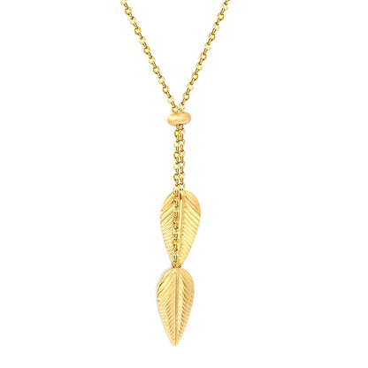 Double Textured Feather Leaf Pendant Adjustable Y Necklace | 18K Gold Plated Stainless Steel | WholesaleMOQ 12