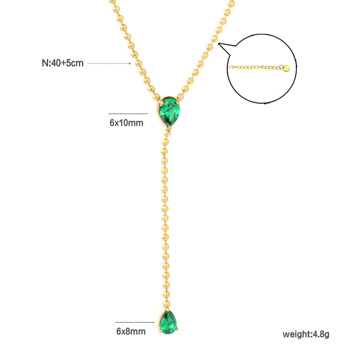Emerald Green Teardrop Crystal Ball Chain Lariat Necklace | Y Drop | Minimalist Ball Chain Drop Design