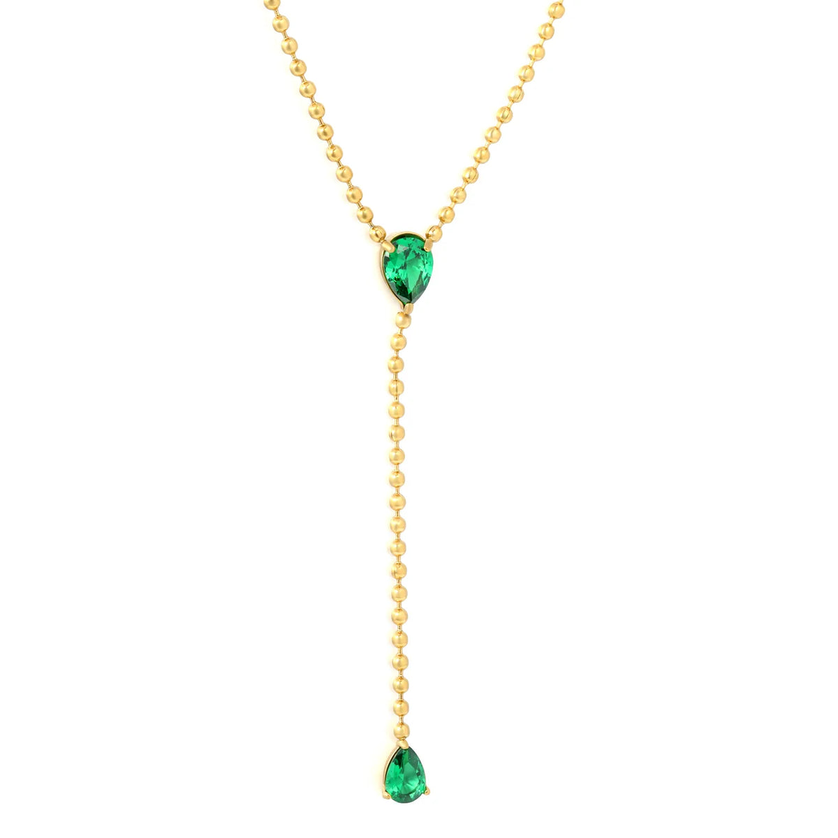 Emerald Green Teardrop Crystal Ball Chain Lariat Necklace | Y Drop | Minimalist Ball Chain Drop Design