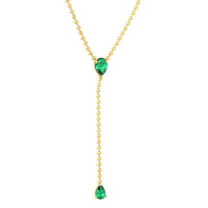 Emerald Green Teardrop Crystal Ball Chain Lariat Necklace | Y Drop | Minimalist Ball Chain Drop Design