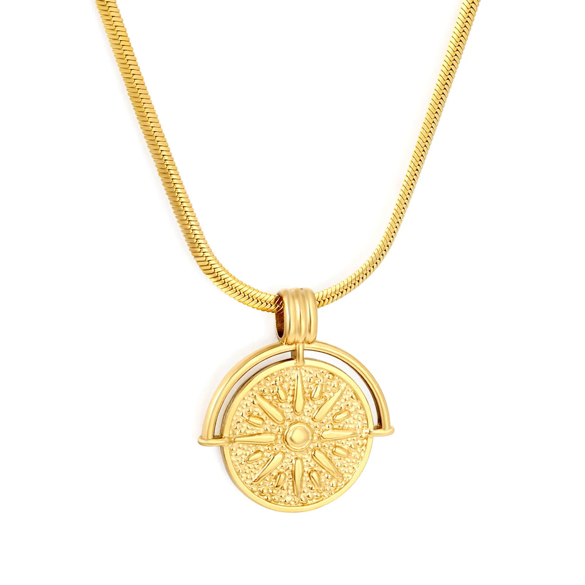Vintage Boho Sunburst Rotatable Sun Disc Pendant Snake Chain Necklace | 18K Gold Plated | MOQ 12