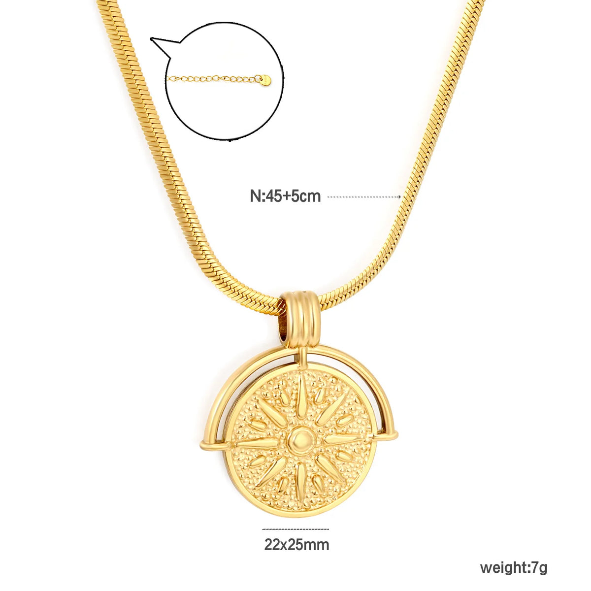 Vintage Boho Sunburst Rotatable Sun Disc Pendant Snake Chain Necklace | 18K Gold Plated | MOQ 12