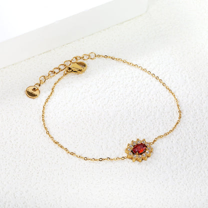 10.3*12.4mm Lace Oval with CNC White Zirconium Ring + Garnet Red Real Zirconium Accessories Bracelet 17+3cm+6mm Round End Plaque Steel/Golden
