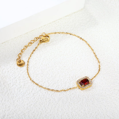 8.8*10.8mm rectangle with CNC white zirconium ring + garnet red real zirconium accessories bracelet 17+3cm+6mm round end plaque steel color/golden