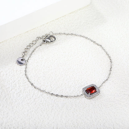 8.8*10.8mm rectangle with CNC white zirconium ring + garnet red real zirconium accessories bracelet 17+3cm+6mm round end plaque steel color/golden