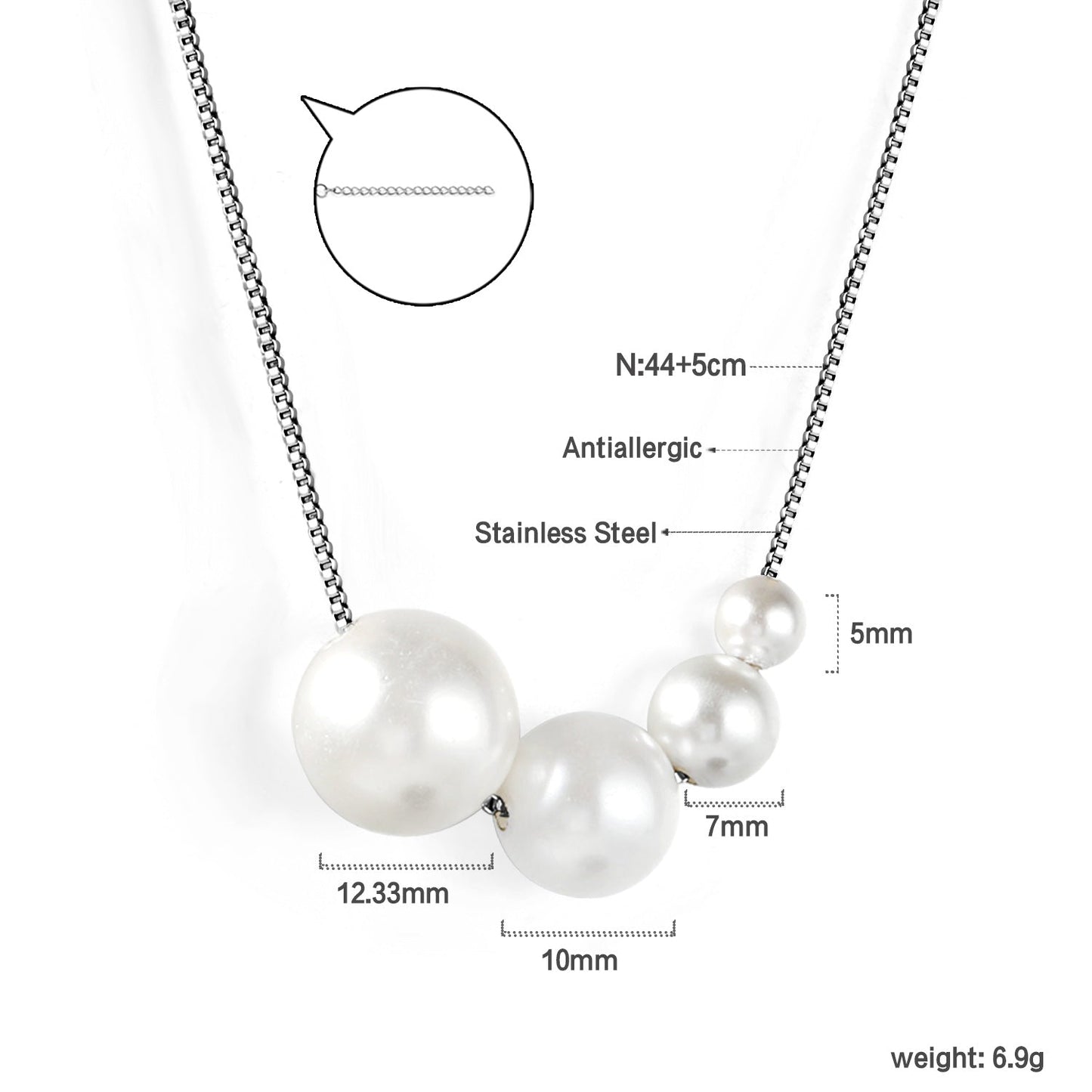 4 large and small white pearls 5+7+10+12mm necklace 45+5cm steel color