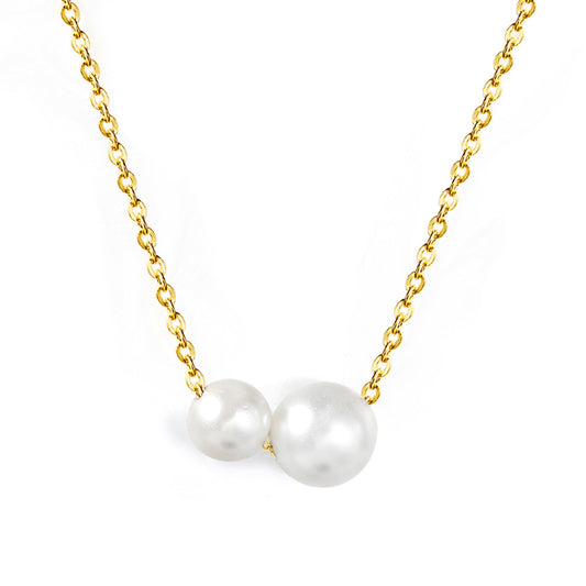 2 large and small white pearls 6.4+8mm necklace 44+5cm steel color