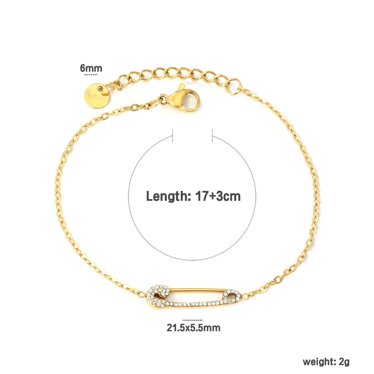 Wholesale Edgy Safety Pin Zircon Bracelet | 17+3cm Adjustable | 18K Gold Plated Jewelry