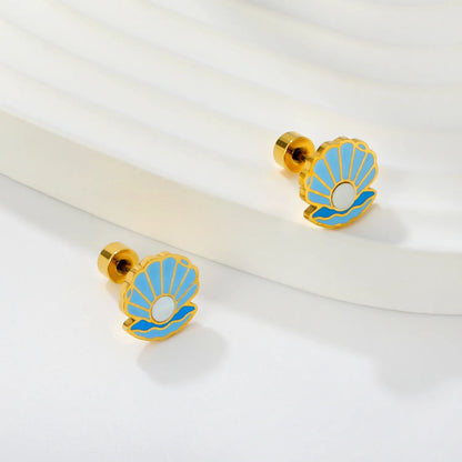 Summer Blue Seashell with Pearl Screw Back Stud Earrings | MOQ 12 | Bulk Order for Summer