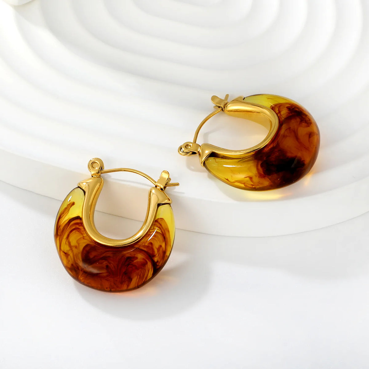 Tortoiseshell Resin U Shape Hoop Earrings | MOQ 12 | 18K Gold Plated Stainless Steel | Retro Earrings Wholesale MOQ 12