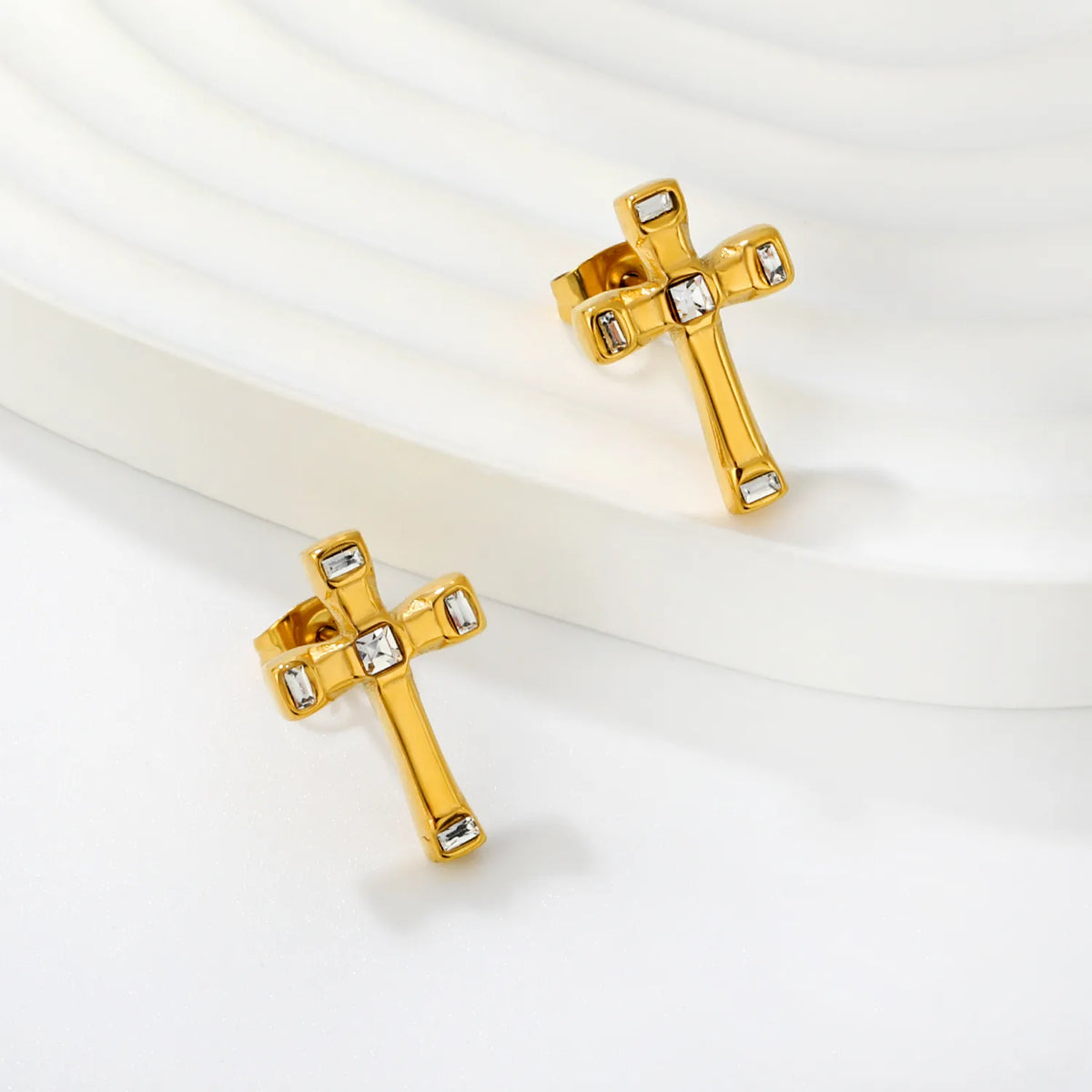 Wholesale Baguette CZ Cross Stud Earrings | 18K Gold Plated Stainless Steel | Religious Earrings for Bulk Order