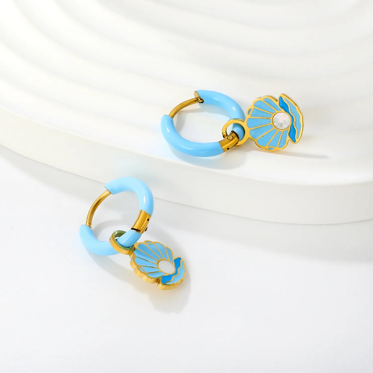 Blue Seashell Drop Huggie Hoop Earrings | MOQ 12 | Summer Beach Earrings Wholesale