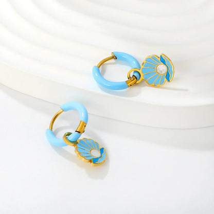 Blue Seashell Drop Huggie Hoop Earrings | MOQ 12 | Summer Beach Earrings Wholesale