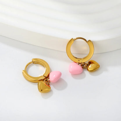 Colorful Heart Drop Huggie Hoop Earrings | MOQ 12 | 18K Gold Plated Stainless Steel Sweet Earrings Wholesale