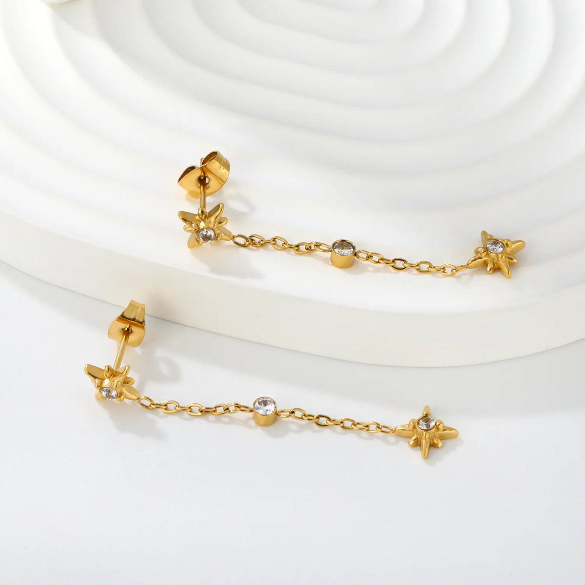 4 Styles Dainty CZ Long Chain Drop Stud Earrings | 18K Gold Plated Stainless Steel | Tassel Earrings Wholesale MOQ 12