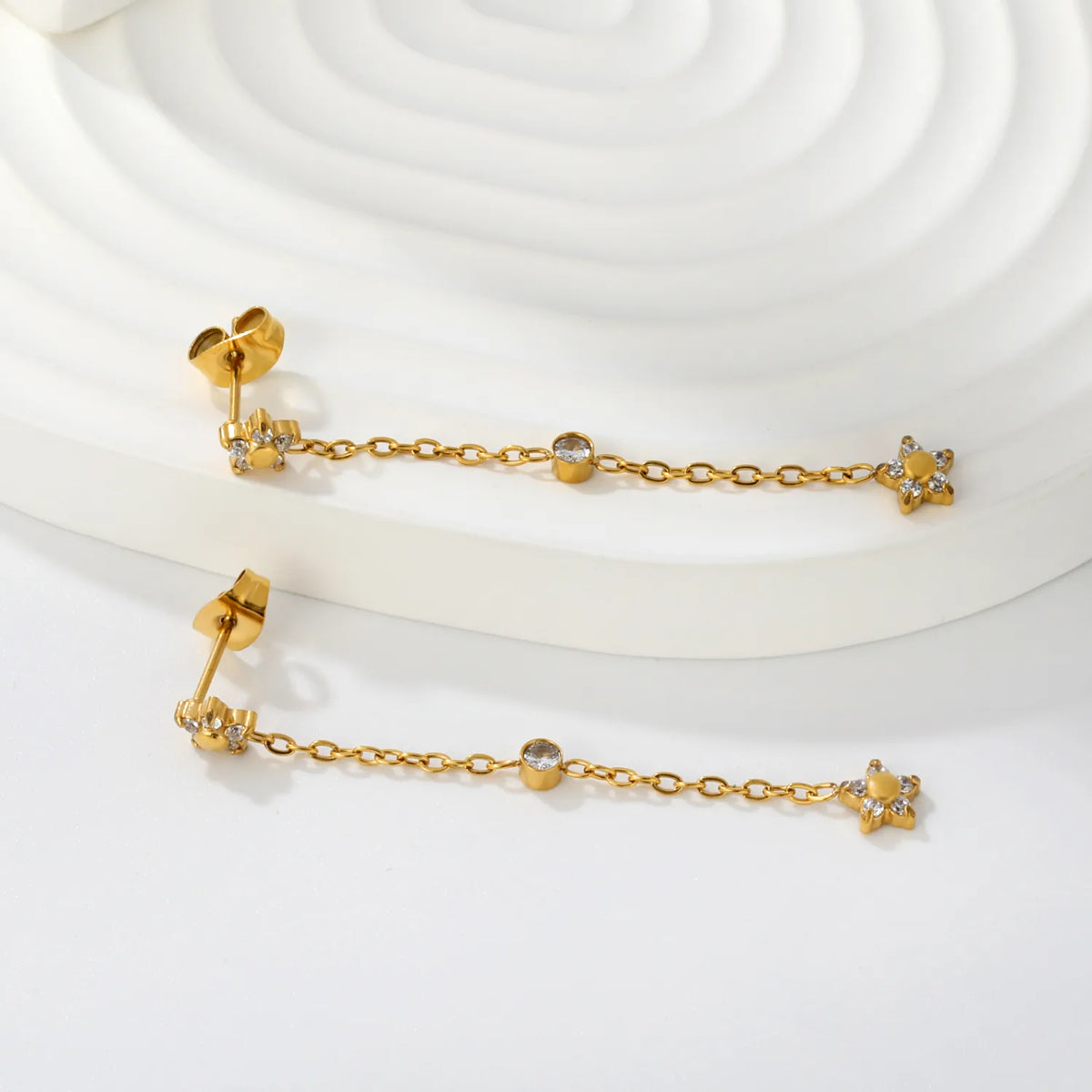 4 Styles Dainty CZ Long Chain Drop Stud Earrings | 18K Gold Plated Stainless Steel | Tassel Earrings Wholesale MOQ 12