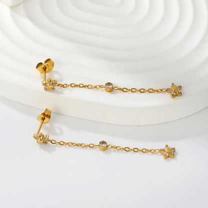 4 Styles Dainty CZ Long Chain Drop Stud Earrings | 18K Gold Plated Stainless Steel | Tassel Earrings Wholesale MOQ 12