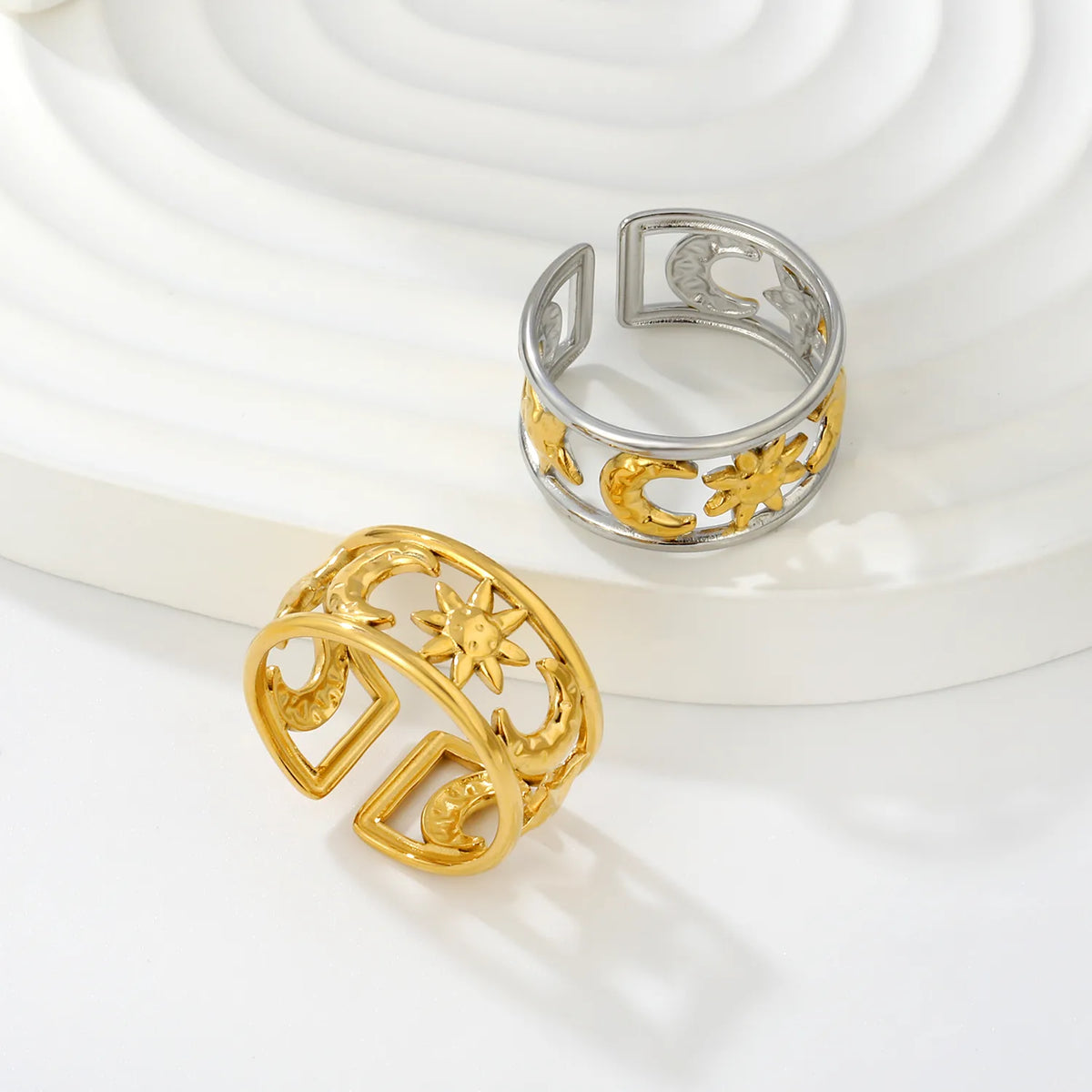 Moon and Star Sunburst Open Cuff Ring | Gold & Two-Tone Color | Size 7 | MOQ 12