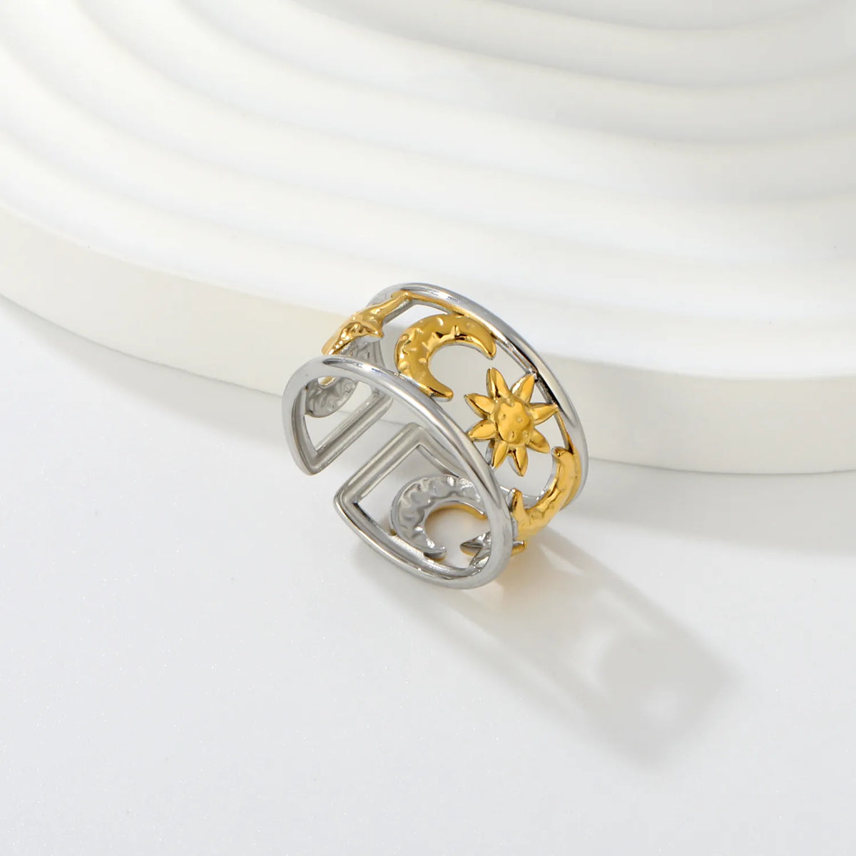 Moon and Star Sunburst Open Cuff Ring | Gold & Two-Tone Color | Size 7 | MOQ 12