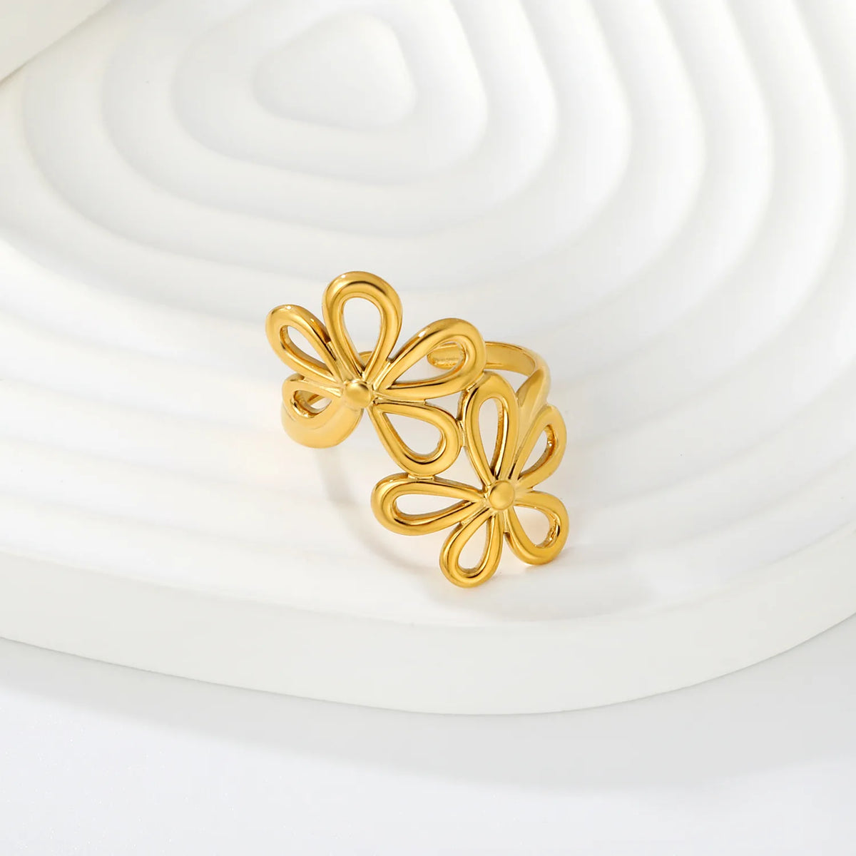 Double Hollow Flower Open Cuff Ring | Size 7 | 18K Gold Plated Stainless Steel Floral Statement Ring Wholesale