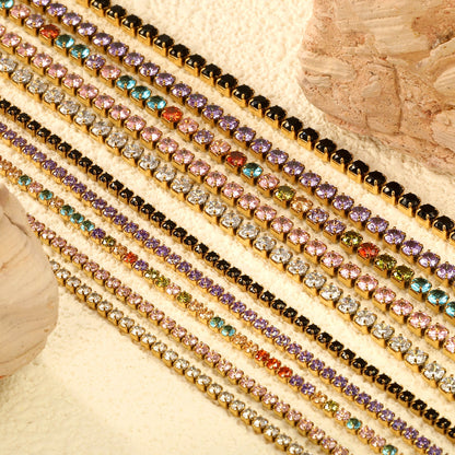 2mm/3mm round purple/pink/mixed/black crystal/white zirconium clasp bracelet 17cm steel/gold color