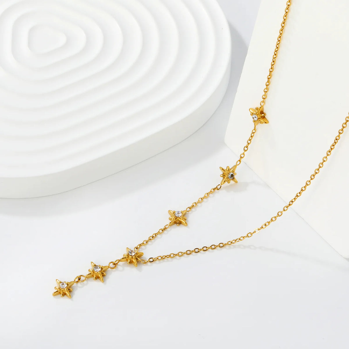 North Star CZ Station Rolo Chain Necklace | 18K Gold Plated | Multi Star Charms Design
