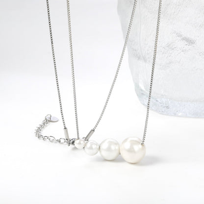 4 large and small white pearls 5+7+10+12mm necklace 45+5cm steel color