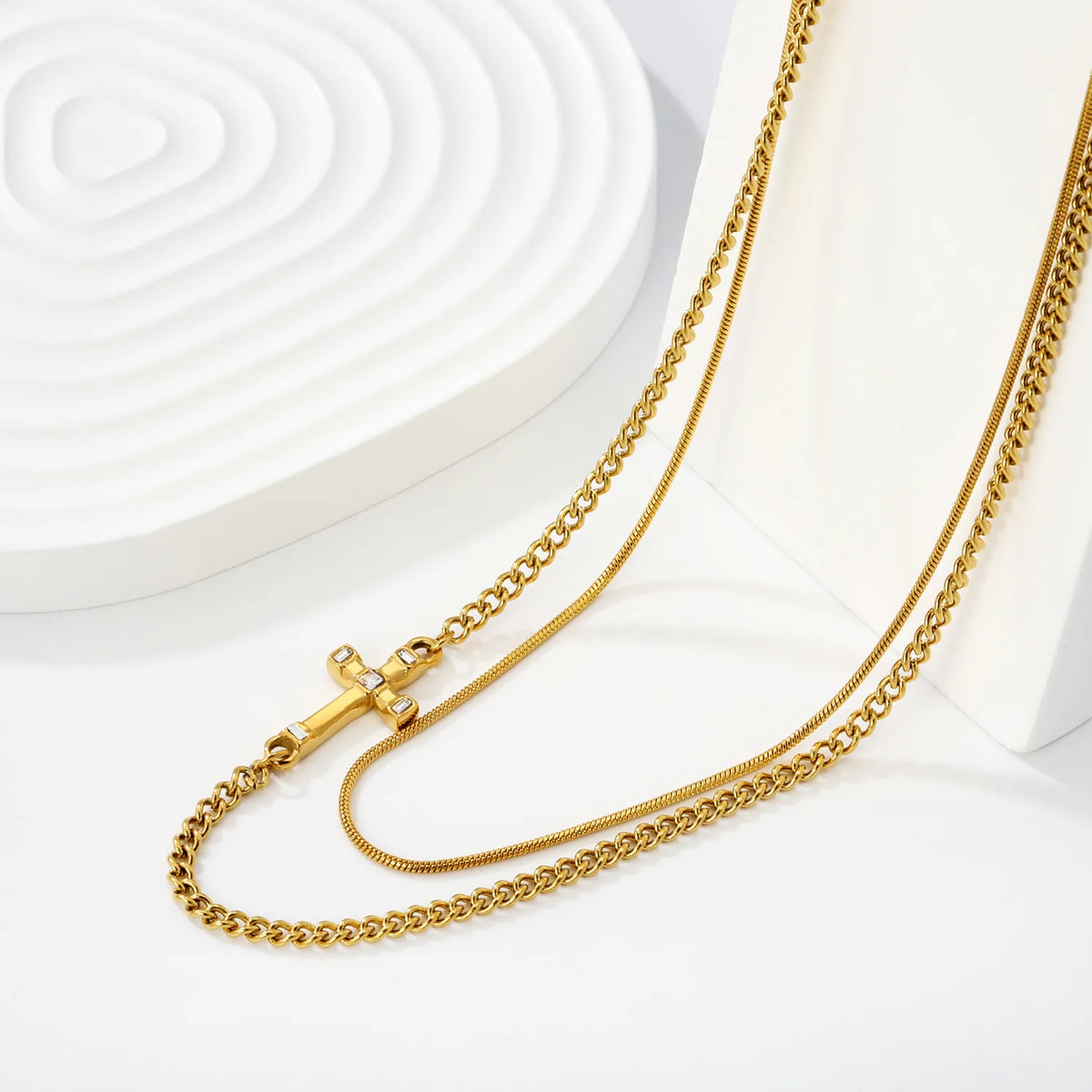 Double Layer Cross Curb & Snake Chain Necklace with Baguette Crystal Cross Pendant