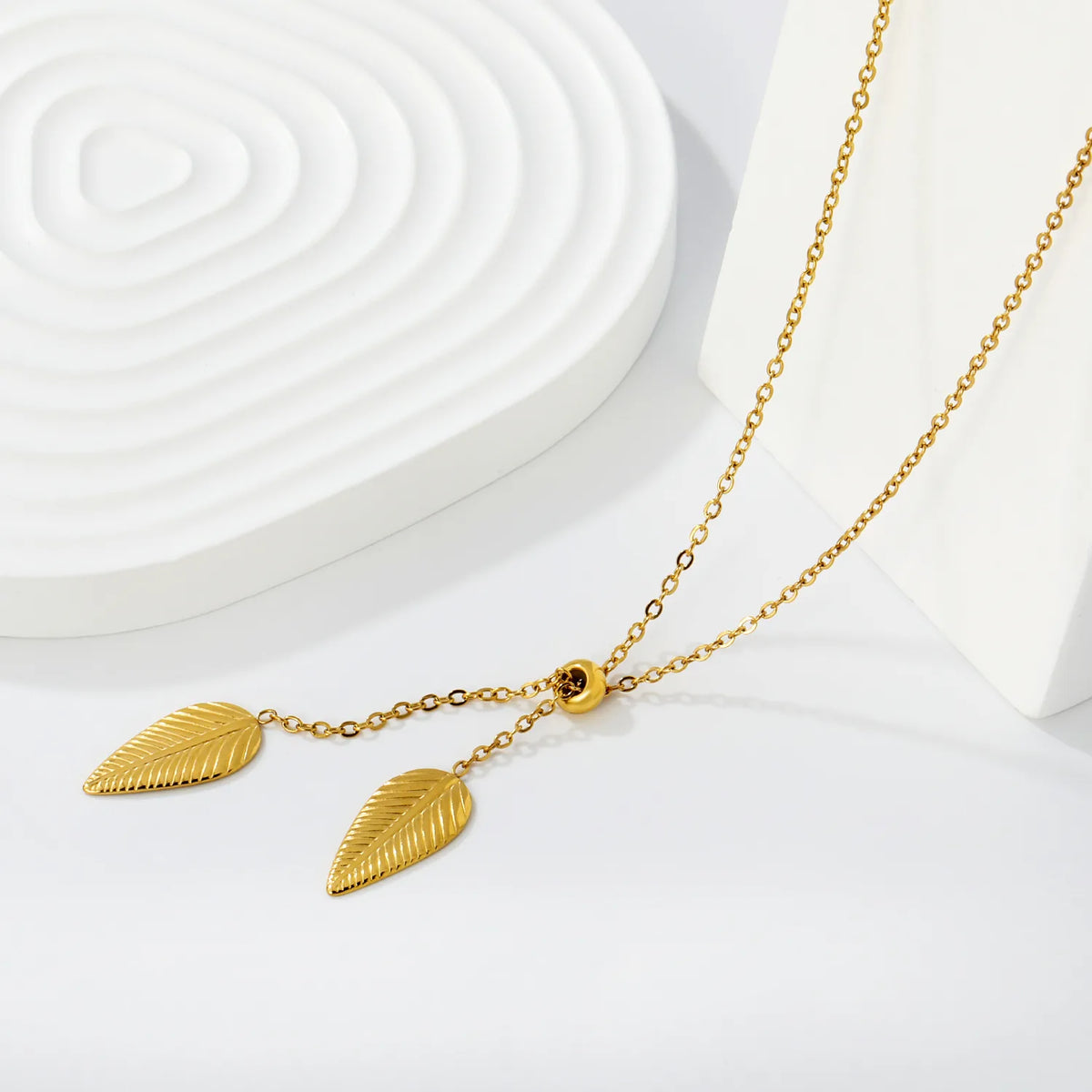 Double Textured Feather Leaf Pendant Adjustable Y Necklace | 18K Gold Plated Stainless Steel | WholesaleMOQ 12