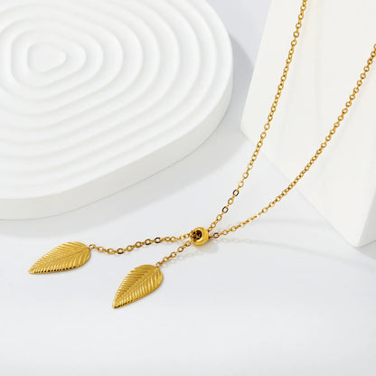Double Textured Feather Leaf Pendant Adjustable Y Necklace | 18K Gold Plated Stainless Steel | WholesaleMOQ 12