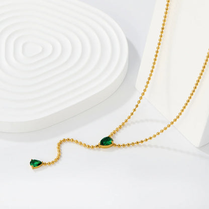 Emerald Green Teardrop Crystal Ball Chain Lariat Necklace | Y Drop | Minimalist Ball Chain Drop Design