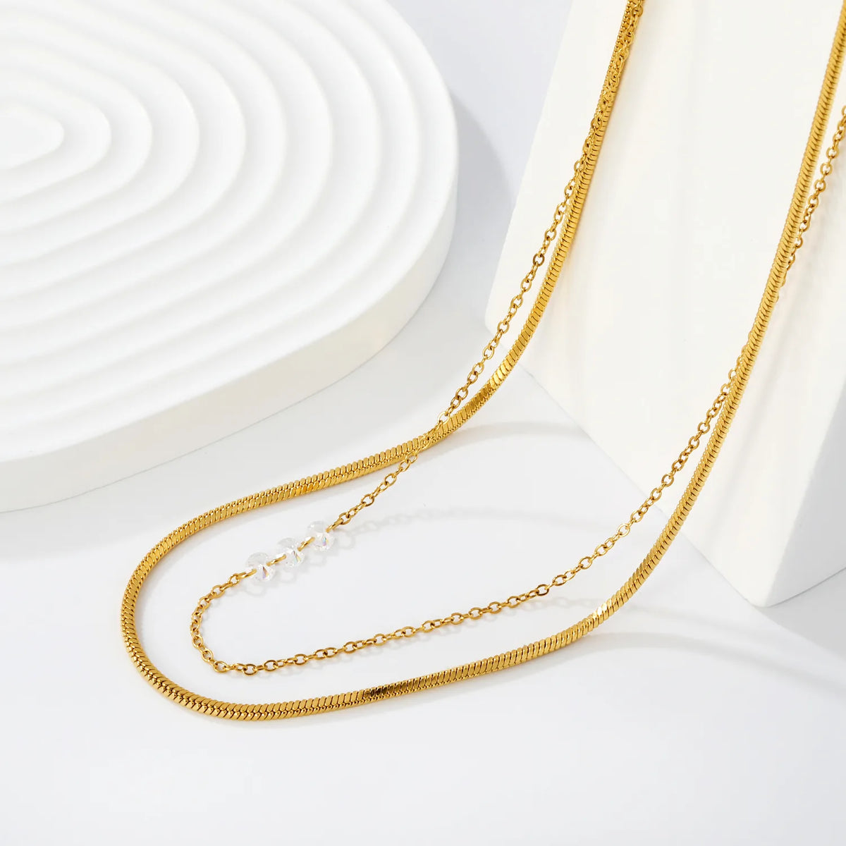 Stackable Double Layer Snake & Crystal Rolo Chain Necklace | Minimalist Layering Necklace MOQ 12
