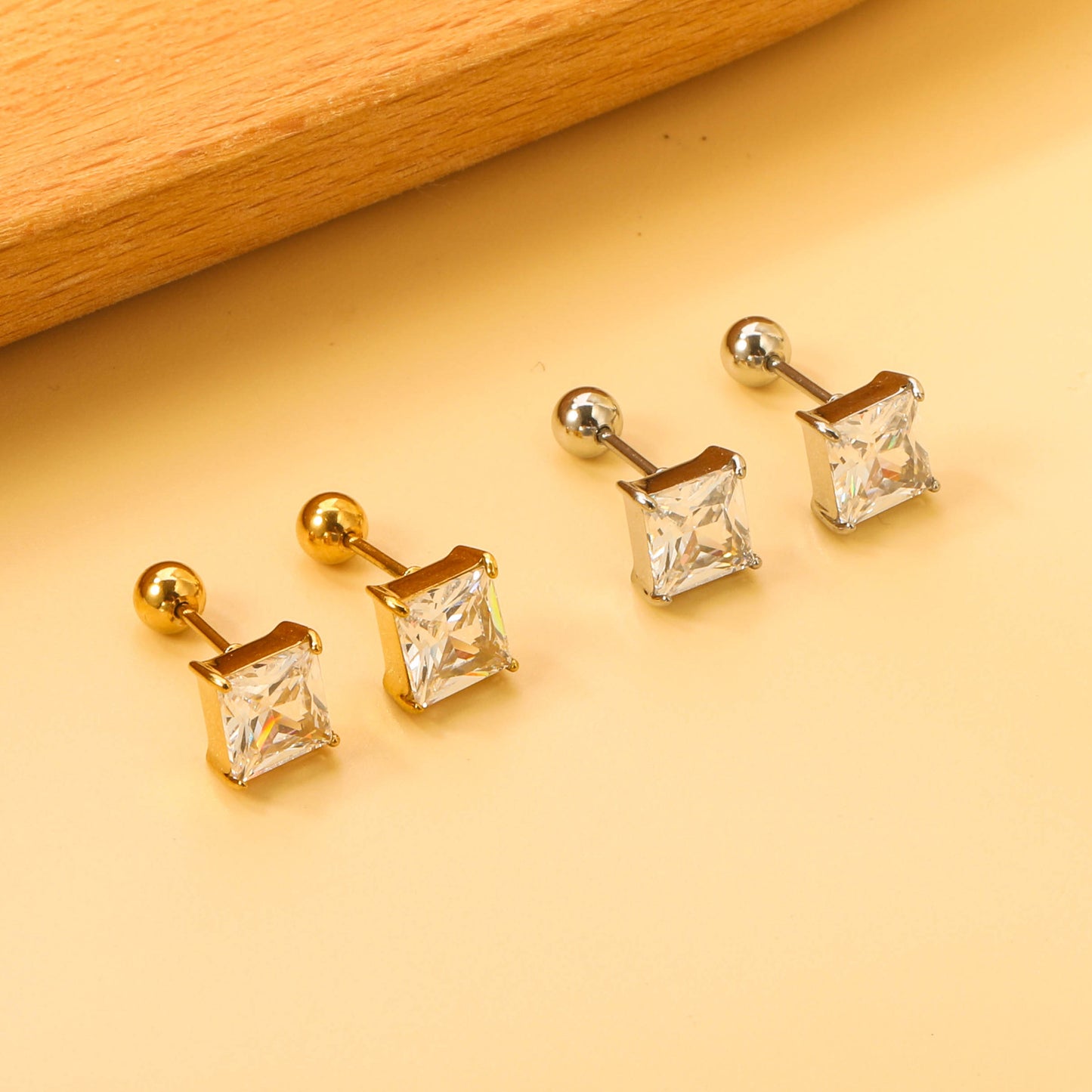 Steel Bead Screwback Square Stud Earrings with White Diamonds 6.9mm