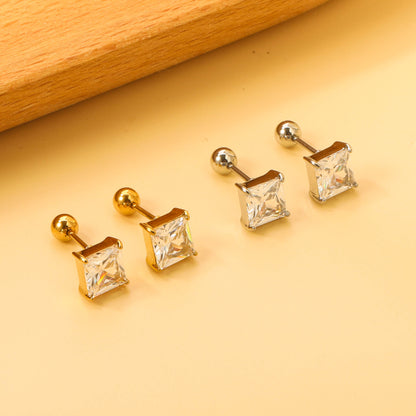 Steel Bead Screwback Square Stud Earrings with White Diamonds 6.9mm