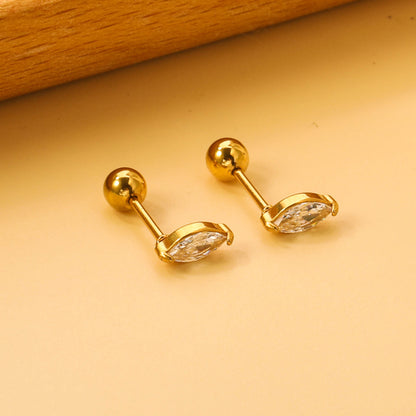 Steel Beads Screwback Horse Eye Earrings with White Diamonds 3.3*7.3mm