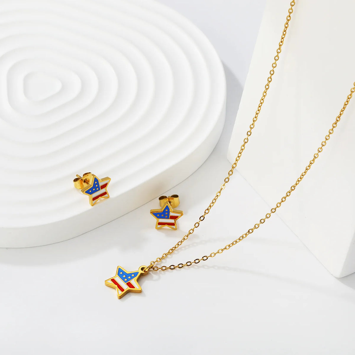 Star USA Flag Dripping Oil Jewelry Set | 18K Gold Plated | Necklace & Stud Earrings | Wholesale MOQ 12