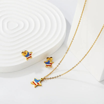 Star USA Flag Dripping Oil Jewelry Set | 18K Gold Plated | Necklace & Stud Earrings | Wholesale MOQ 12