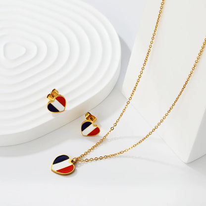 18K Gold Plated Heart France Flag Oil Dripping Jewelry Set | Necklace & Stud Earrings | National Flag Souvenir Jewelry MOQ 12