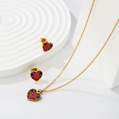 Wholesale UK Union Jack Flag Heart Dripping Oil Necklace Earring Set | 18K Gold Plated | MOQ 12