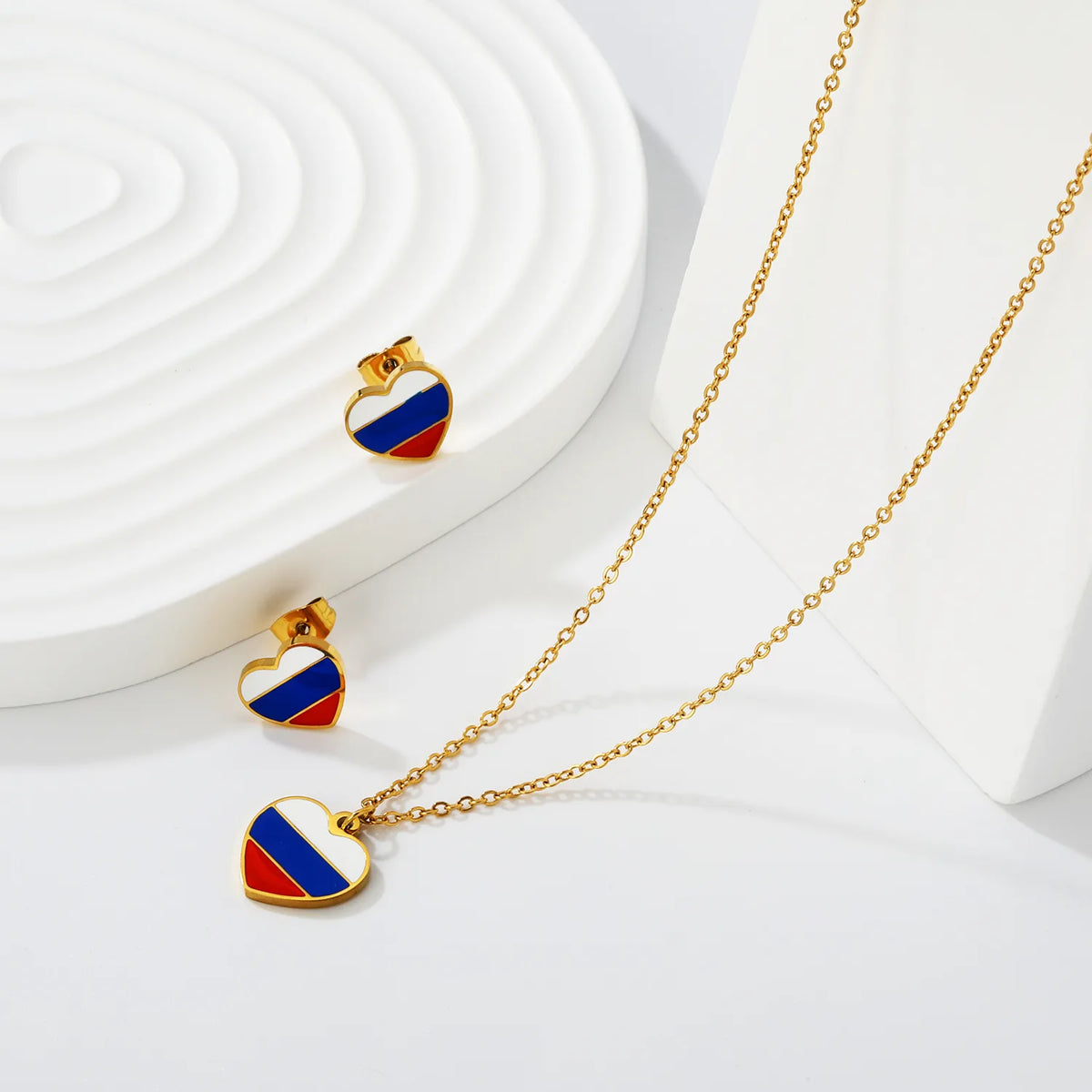 18K Gold Plated National Flag Souvenir Jewelry Set | Heart Russia Flag | Necklace & Stud Earrings | Wholesale MOQ 12